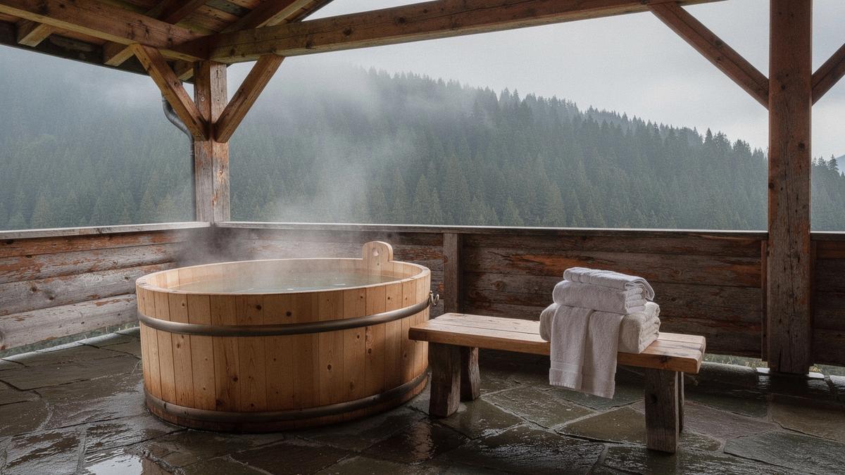 Covered thermal terrace with wooden tubs at a Carpathian spa hotel, pine ridge behind